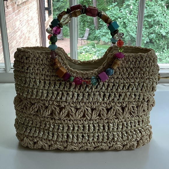 Cappelli Straworld Purse Handbag Round Beaded Jewel Handles Beige/Gold Lined - Picture 14 of 14